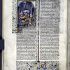 Miniature showing the Cumean Sibyl (Amalthea) as she presents the last three sibylline books to Tarquin, King of Rome, seated on a throne, offering a gold ball to the Sibyl in exchange for the books.  Initial, border design.