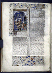 Miniature showing the Cumean Sibyl (Amalthea) as she presents the last three sibylline books to Tarquin, King of Rome, seated on a throne, offering a gold ball to the Sibyl in exchange for the books.  Initial, border design.