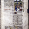 Miniature showing 1. Pamphila and two servants or students gather cotton, with walled city in background; 2. Pamphila carding the cotton while the servants clean and wind it.  Initial, rubric, border design.