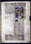 Miniature showing 1. Pamphila and two servants or students gather cotton, with walled city in background; 2. Pamphila carding the cotton while the servants clean and wind it.  Initial, rubric, border design.