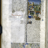 Miniature showing 1. the murder of Rhea Ilia's brother Lausus by her uncle Amulius, while Rhea Ilia watches; 2. Rhea Ilia, dressed as nun, in bed, with newborn Romulus and Remus; 3. Rhea Ilia buried while wolf suckles twins. Initial, rubric, border design