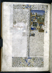 Miniature showing 1. the murder of Rhea Ilia's brother Lausus by her uncle Amulius, while Rhea Ilia watches; 2. Rhea Ilia, dressed as nun, in bed, with newborn Romulus and Remus; 3. Rhea Ilia buried while wolf suckles twins. Initial, rubric, border design