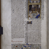 Miniature of Gaia Cyrilla in a chamber, wearing a crown, seated before a fireplace, spinning wool on a wheel.  A helper cards the wool.  Initial, rubric, border design.