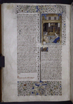 Miniature of Gaia Cyrilla in a chamber, wearing a crown, seated before a fireplace, spinning wool on a wheel.  A helper cards the wool.  Initial, rubric, border design.
