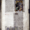 Miniature of chamber with Sappho seated at right, plucking the strings of a harp.  A psalter and a zither lie on a table top before her at left.  A few books, bound and clasped, are stored under a table and on a ledge.  Initial, rubric, and border design.