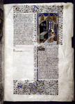 Miniature of chamber with Sappho seated at right, plucking the strings of a harp.  A psalter and a zither lie on a table top before her at left.  A few books, bound and clasped, are stored under a table and on a ledge.  Initial, rubric, and border design.