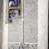 Miniature showing:  1. Lucretia lying in a blue-starred canopy bed, while Sextus approaches with his sword raised; 2. Lucretia stabs herself in the chest with a dagger, while Collatinus is prevented from coming to her aid.  Initial, border design.