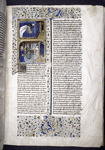 Miniature showing:  1. Lucretia lying in a blue-starred canopy bed, while Sextus approaches with his sword raised; 2. Lucretia stabs herself in the chest with a dagger, while Collatinus is prevented from coming to her aid.  Initial, border design.