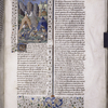 Miniature showing 1. tents of Scythians attacked by the army of Cyrus, while the Scythian army approaches in the distance; 2. Thamyris stands over Cyrus, who is about to be beheaded by a soldier.  Initial, border design.