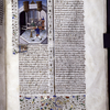 Miniature showing torture chamber.  Leaena is shown lying on a table, bound by feet and wrists to cords drawn through rings on walls.  Attendents rack her, two cowled men stand apart.  She spits her tongue at one of them.  Initial, border design.