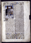 Miniature showing torture chamber.  Leaena is shown lying on a table, bound by feet and wrists to cords drawn through rings on walls.  Attendents rack her, two cowled men stand apart.  She spits her tongue at one of them.  Initial, border design.