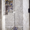 Miniature showing 1. Athaliah, crowned, extends her hands to 2 youths being slain; 2. coronation of Jehoash by two bishops; 3. three citizens observe over a wall; 4. the body of Athaliah is dragged from castle gate by her hair.  Initial, border design.