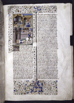 Miniature showing 1. Athaliah, crowned, extends her hands to 2 youths being slain; 2. coronation of Jehoash by two bishops; 3. three citizens observe over a wall; 4. the body of Athaliah is dragged from castle gate by her hair.  Initial, border design.