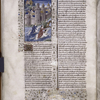 Miniature showing three elegant ladies (including Cloelia?) fleeing on horseback across the Tiber from a walled city.  On the far side of the city, soldiers with canon prepare a siege.  Initial, rubric, border design.