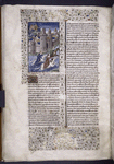 Miniature showing three elegant ladies (including Cloelia?) fleeing on horseback across the Tiber from a walled city.  On the far side of the city, soldiers with canon prepare a siege.  Initial, rubric, border design.