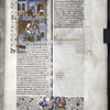 Miniature showing 1. Thamyris seated before an easel in an urban square, and she paints a portrait of Diana; 2. the finished portrait is visible on an altar through the window of a church in the middle distance. Initial, rubric, border design.
