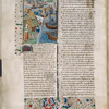 Miniature showing 1. golden sarcophagus being erected, with stone inscribed as monument of Mausoleus.  Artemesia observes the work; 2. fleet of ships from Rhodes comes to Halicarnassus; Artemesia defends Halicarnassus.  Initial, border design.