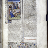 Miniature showing Leontia in a courtyard, studying a book propped up on a lectern before her.  Other books scattered around.  In middle distance, meeting of groups of courtesans and customers.  Initial, rubric, border design.