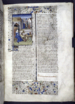 Miniature showing Leontia in a courtyard, studying a book propped up on a lectern before her.  Other books scattered around.  In middle distance, meeting of groups of courtesans and customers.  Initial, rubric, border design.