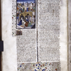 Miniature showing 1. Olympia under a canopy in a public square, having given birth to Alexander; 2. the murder of Arridaeus and Eurydice; 3. the murder of Olympia by a soldier. Initial and border design.