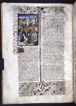 Miniature showing 1. Olympia under a canopy in a public square, having given birth to Alexander; 2. the murder of Arridaeus and Eurydice; 3. the murder of Olympia by a soldier. Initial and border design.