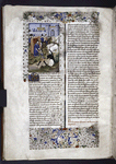 Miniature showing Claudia's father arriving in the Capitol, with an entourage.  A younger man attacks his carriage.  Claudia (a vestal virgin) dressed as a nun, approaches the man, threatening him with a golden rod. Initial, rubric, border design.