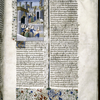 Miniature showing 1. Virginia exiting the temple of Pudicitia, expelled by a group of women; 2. Virginia directs three workman constructing tower of temple of Pudicitia.  Stone cutter works on block of stone.  Initial, border design.