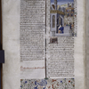 Miniature showing 1. Flora practicing prostitution with a customer; 2. the Floral Games consisting of nude dancing girls watched by noble and plebeian spectators.  Initial, rubric, border design.