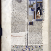 Miniature showing the young Roman woman giving milk from her breast to her condemned mother, while the jailer, holding the key, observes them through a barred window.  Initial, rubric, border design.