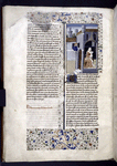 Miniature showing the young Roman woman giving milk from her breast to her condemned mother, while the jailer, holding the key, observes them through a barred window.  Initial, rubric, border design.