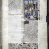 Miniature of Sulpicia on the steps of an open gothic temple, applauded by a crowd of women and men.  The golden statue of Venus Verticordia, holding a lance, is visible in the apse behind her.  Initial, rubric, border design.