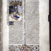 Miniature showing Harmonia kneeling in a hexagonal chamber at the corpse of a girl slain in her stead.  Harmonia accepts the blows and stabs of two soldiers.  Initial and border design.