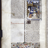 Miniature of Busa gazing heavenward as she holds a golden veil out to cloth a man wearing only a shirt.  Two hungry men approach a table set with food.  A third pairing of men clasp hands.  Twho other men watch.  Initial, rubric, border design.