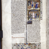 Miniature showing 1. the betrothal of Sophonisba to Syphax; 2. Syphax alone and bereft; 3. Sophonisba stands before a kneeling figure and drinks from a poisoned chalice.  Initial, rubric, border design.