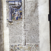 Miniature showing 1. Theoxena and Poris exiting Thessalonica with children and belongings; 2. Theoxena, Poris and children, on a boat near the shore, commit suicide, as a ship full of Macedonian soldiers pursues them.  Initial, border design.