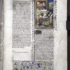 Miniature showing 1. Berenice, crowned, standing in chariot whose wheel rests on the corps of Caeneus; 2. Berenice grieving over the corpse of her son.  Initial, rubric, border design.