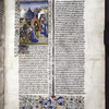 Miniature showing 1. a group of Roman soldiers advancing on the retreating Galatians; 2. Roman centurion's rape of the wife of Orgiagon; 3. she slices his throat while a soldier weighs ransom money; 4. she exposes the severed head. Initial, border design.