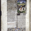 Miniature showing Dripetua riding sidesaddle on a white horse, wearing a rose dress with gold highlights, escorted by soldiers and nobles in armor; the artist has not portrayed her deformity.  Initial, rubric and border design.
