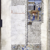 Miniature showing 1. Curia and Quintus Lucretius and a female attendant in a private chamber, with Lucretius' hiding place visible; 2. Curia, feigning grief, approaches townpeople crowded together in a town square. Initial, rubric, border design.