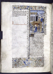 Miniature showing 1. Curia and Quintus Lucretius and a female attendant in a private chamber, with Lucretius' hiding place visible; 2. Curia, feigning grief, approaches townpeople crowded together in a town square. Initial, rubric, border design.