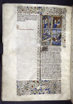 Miniature showing 1. Agrippina wed to Claudius; 2. Agrippina sharing throne with her son Nero; 3. Agrippina rescued from drowning by two men; 4. in medical theater, a man slits open her cadaver as Nero watches.  Initial, rubric and border design.