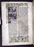 Miniature showing 1. Epicharis being racked by two men as Nero and Proculus watch; 2. two men standing at the feet of dead Epicharis, her arms still over her head.  Initial, border design.