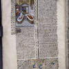 Miniature showing Seneca, lying dead in the bloody water of his tub, his arm hanging over the side; Pompeia, still alive, kneels in her tub holding a knife point to the inside of her elbow as blood spreads through the water.  Initial, border design.