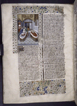 Miniature showing Seneca, lying dead in the bloody water of his tub, his arm hanging over the side; Pompeia, still alive, kneels in her tub holding a knife point to the inside of her elbow as blood spreads through the water.  Initial, border design.