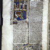 Miniature showing 1. two female and two male figures facing each other; 2. the wedding of Nero and Poppaea, performed by a bishop; Nero, holding a sword, kicks Poppaea out of bed, with one foot on her abdomen.  Initial and border design.