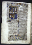Miniature showing 1. two female and two male figures facing each other; 2. the wedding of Nero and Poppaea, performed by a bishop; Nero, holding a sword, kicks Poppaea out of bed, with one foot on her abdomen.  Initial and border design.