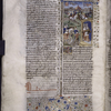 Miniature showing 1. warring factions of Romans and Palmirians represented by a joust scene; 2. procession into Rome, with Zenobia paraded before the emperor as a prisoner. Initial, rubric, border design.