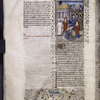 Miniature showing Pope Joan, who has just given birth to an infant during a Church procession.  The infant lies on the ground and Joan kneels before it, arms raised in praise.  Two cardinals, priest, and crowd observe.  Initial, rubric, border design.