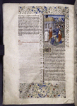 Miniature showing Pope Joan, who has just given birth to an infant during a Church procession.  The infant lies on the ground and Joan kneels before it, arms raised in praise.  Two cardinals, priest, and crowd observe.  Initial, rubric, border design.