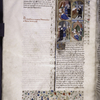 Miniature showing 1. newborn Constance given to the monastery; 2. religious devotion of Constance (reading); 3. Constance wedded to Emperor Henry VI by the Pope; 4. the birth of Frederick.  Initial, border design, rubric.